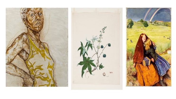 A triptych of artwork. The left piece portrays a detailed, older woman in a yellow sleeveless top. The middle is a botanical illustration showing a plant with green leaves and thorny stems. The right depicts two women, one seated, in a pastoral landscape with a rainbow.