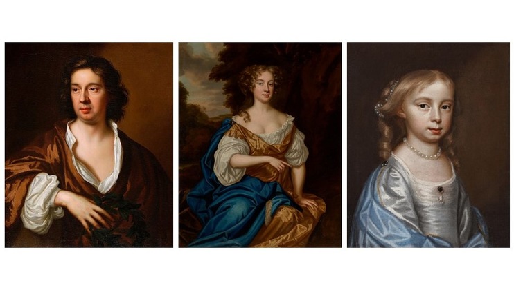 A triptych featuring portraits of three individuals from the Baroque period. The left panel depicts a man in a brown draped garment. The middle panel shows a woman in a blue and gold dress. The right panel portrays a young girl in a silver gown with pearls.