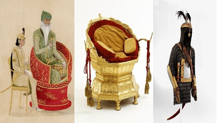 From left to right: A historical painting of an Indian ruler sitting on a throne beside a standing figure; a golden, intricately designed ceremonial chair with cushions; and a suit of armor with chainmail and helmet, holding a shield and sword.