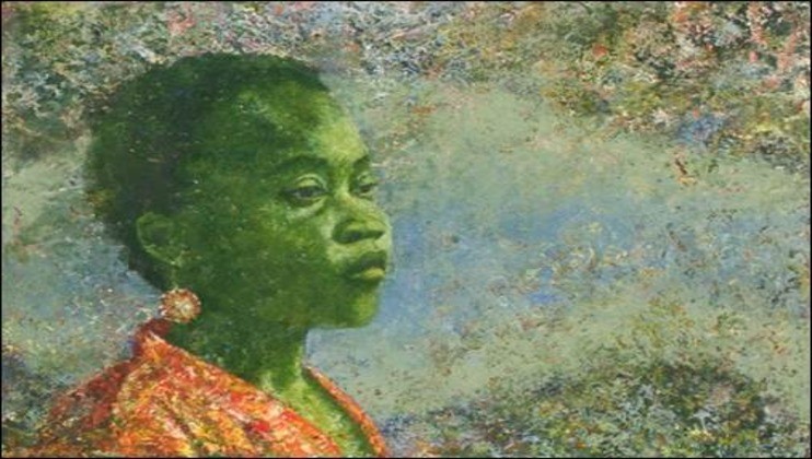 A vibrant painting depicts the profile of a person with green skin, adorned with a red garment and a single earring. The background is an abstract blend of blue, green, and earth tones, creating a textured, atmospheric effect.