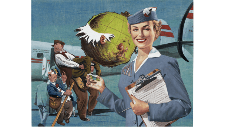 A vintage-style illustration of a smiling airline stewardess holding a clipboard and a ticket. Behind her, two porters struggle to carry a large anthropomorphic bag marked INDEPENDENCE. Airplanes are visible in the background.