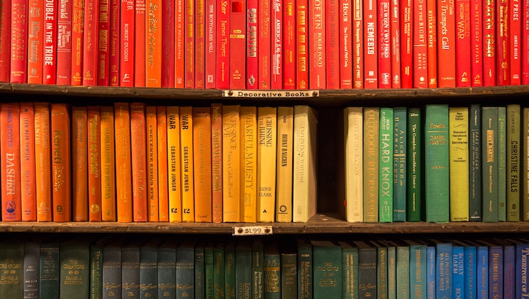 Shelves of books arranged by color in a gradient from red at the top to blue at the bottom. The books are categorized under Decorative Books. Prices are marked, with a small label showing $1.99 in the center of the image.