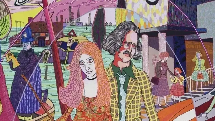 A colorful and surreal illustration shows a couple in the foreground: a woman with long, wavy hair and a man with a mustache. In the background, various figures, including a police officer and a child, are set against an industrial cityscape with geometric elements.