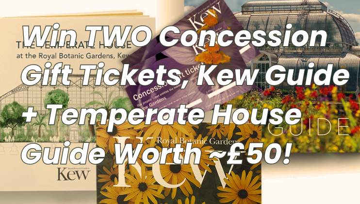 Image advertisement for a competition. Text reads: Win TWO Concession Gift Tickets, Kew Guide + Temperate House Guide Worth ~£50! Background features images of a Kew Guide cover with flowers, and a photo of the Temperate House at Royal Botanic Gardens, Kew.
