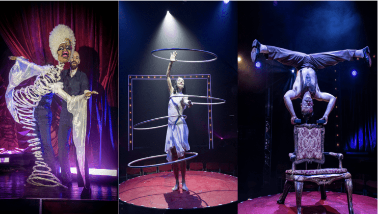 The image shows three scenes from a circus performance. On the left, a performer wears a large skeleton costume with another in a white wig. In the center, a woman skillfully spins multiple hula hoops. On the right, a man performs a handstand on a chair.