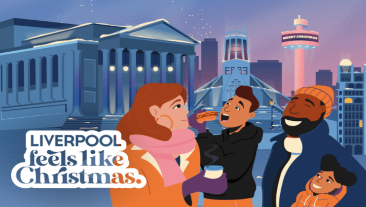 Illustration of four people dressed in winter clothing in a festive Liverpool, with the text Liverpool feels like Christmas. The background features iconic Liverpool landmarks, a building with lit columns, and a radio tower displaying Merry Christmas.