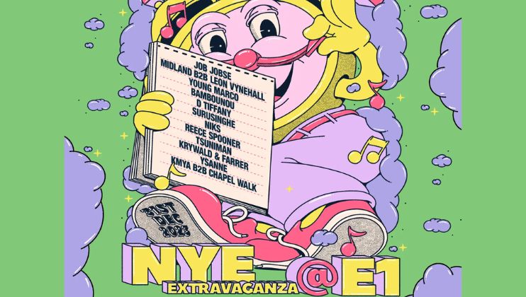 Colorful poster featuring a cartoon character holding a scroll with event details. Text includes NYE @ E1 with performers listed such as Job Jobse, Midland B2B Ewan McVicar, and more. Event date: 31st Dec 2023. Background features playful illustrations and musical notes.