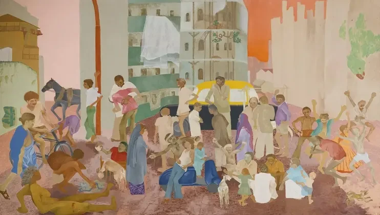 A colorful painting depicts a lively urban street scene with diverse individuals engaged in various activities. Children play, adults converse, and dogs roam amidst buildings. A yellow car is parked in the background, and a large tree spreads its branches near the center.