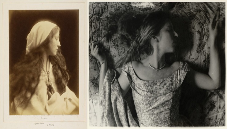 Two black and white photographs display women in serene poses. The left image captures a side profile of a woman with long, flowing hair and a headscarf. The right image shows a woman lying down with her eyes closed, hair spread out, and wearing a floral dress.
