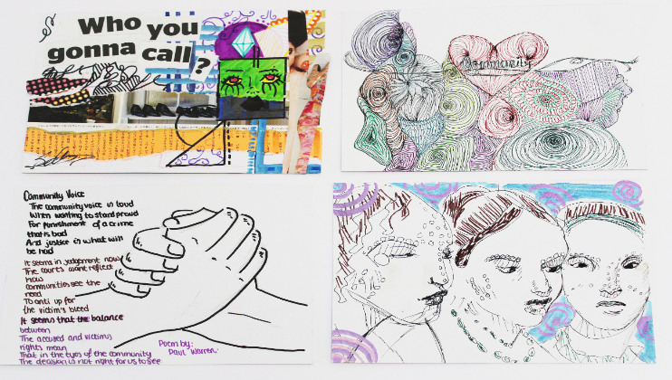 Postcard submissions (2025). Part of Ubuntu - I am because we are exhibition at Camberwell Space. Courtesy of Camberwell, Chelsea and Wimbledon Colleges of Arts Outreach team