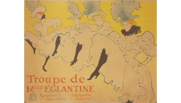 A vintage poster featuring four women in flowing outfits and large hats, performing high kicks. The background is yellow with ornate, swirling designs. Text at the bottom reads, Troupe de Mlle Eglantine, Eglantine Jane Avril Cléopatre Gazelle.