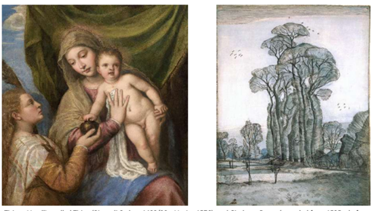 Tiziano Vecellio, called Titian (Pieve di Cadore 1488/90 – Venice 1576), and Girolamo Dente, Madonna and Child with St. Mary Magdalene, oil on canvas, Trinity Fine Art; Paul Nash (1889-1946), Tree Study, 1913, pen and ink, Daniel Katz Gallery