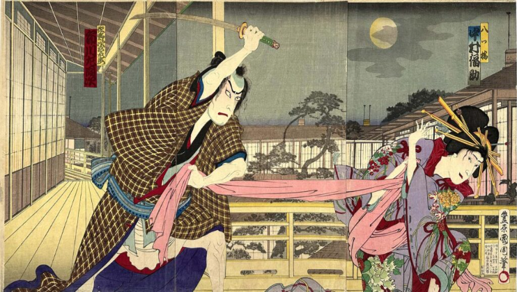 Toyohara Kunichika, Ichikawa Sadanji I as Jirozaemon and Nakamura Fukusuke IV as Yatsuhashi in Kagotsurebe sato no eizame, 1888, colour woodblock print. Courtesy of Paul Griffith Collection.