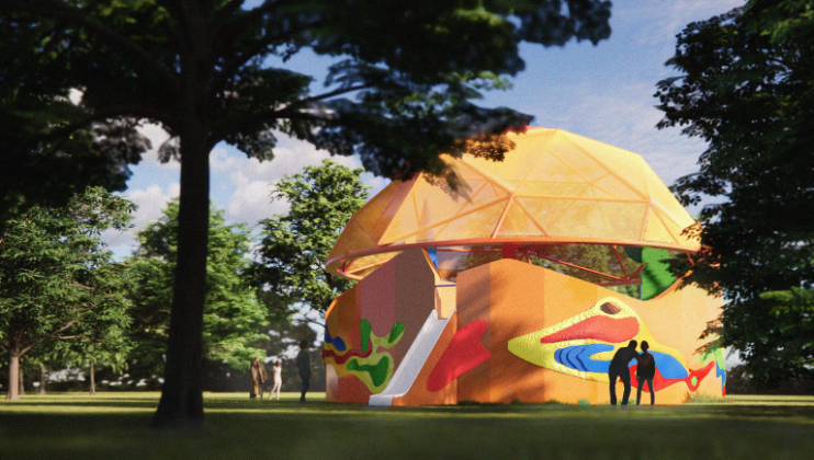 Exterior render of the Play Pavilion, designed by Peter Cook (Peter Cook Studio Crablab), in collaboration with Serpentine and the LEGO Group. © Peter Cook (Peter Cook Studio Crablab).
