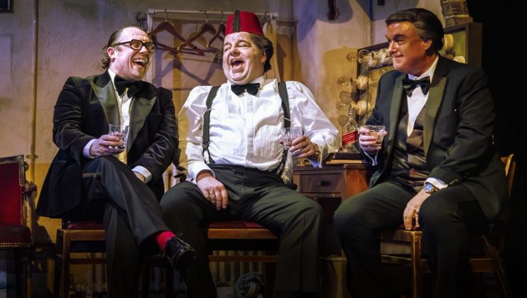 THE LAST LAUGH. Bob Golding (Eric Morecambe), Damian Williams (Tommy Cooper) and Simon Cartwright (Bob Monkhouse). Photo Pamela Raith