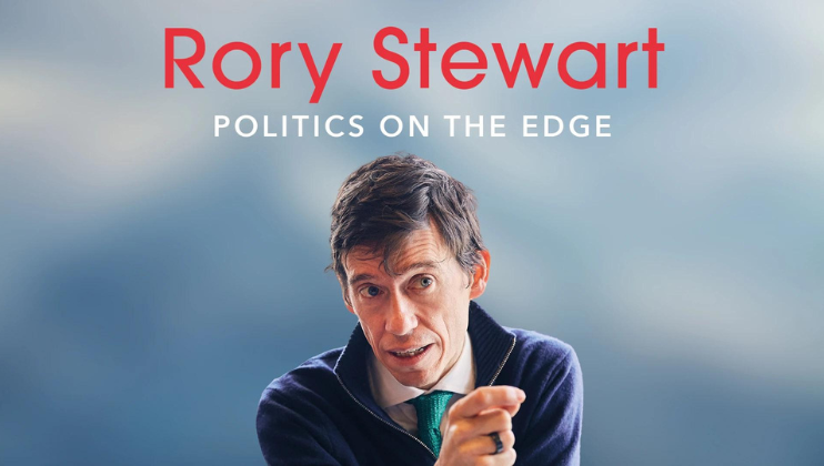 A man with dark hair, wearing a navy sweater and green tie, is gesturing and looking intently. Above him is large red text that reads Rory Stewart and smaller white text that reads Politics on the Edge against a blurred background.