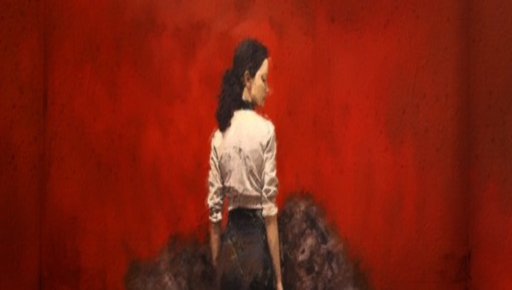 A painting of a person with long hair standing and facing away. They wear a white shirt and dark pants, with a dramatic red background covering the majority of the image and some dark streaks near the bottom.