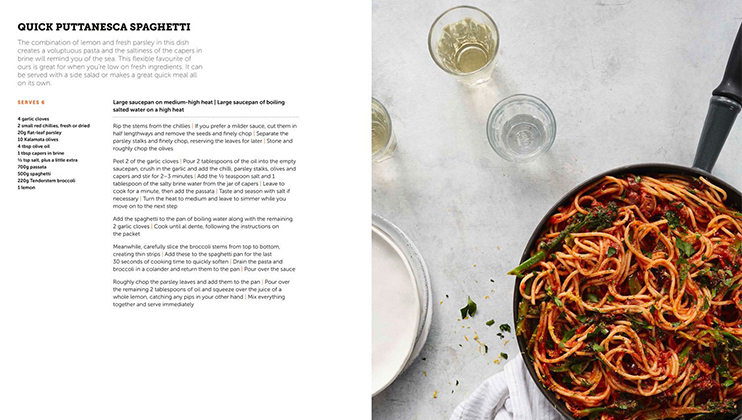 A recipe page for Quick Puttanesca Spaghetti features an image of cooked spaghetti garnished with herbs in a white bowl on the right side. On the left side is a detailed list of ingredients and cooking instructions. Two empty glasses and a filled one are visible next to the bowl.