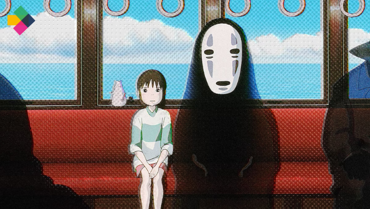 A young girl and a masked, faceless spirit sit side by side on a red bench in a train. The girl has short brown hair and wears a green and white outfit, while the spirit is covered in a dark cloak. The windows show a bright blue sky with clouds.