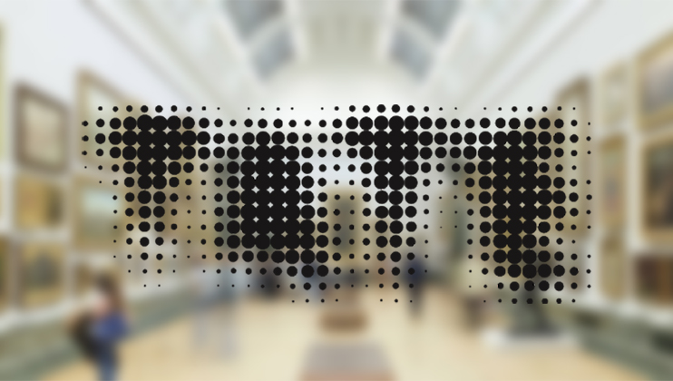 A museum gallery featuring blurred paintings on the walls. The foreground includes a large, dot pattern spelling TATE, comprised of black dots that fade towards the edges. Several people are walking and observing the art.
