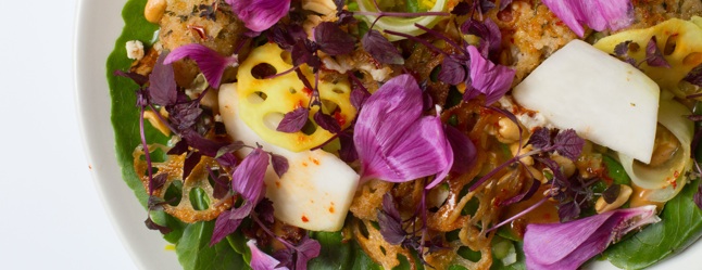 A vibrant salad with green lettuce, purple petals, yellow radish slices, white radish slices, various herbs, and fried topping bits, all served on a white plate.