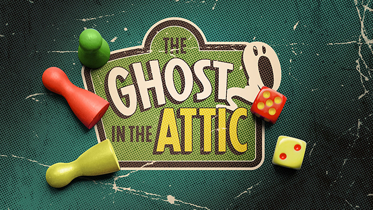 A board game titled The Ghost in the Attic is displayed. The cover features the title with a cartoon ghost on the right. Four game pieces, including pawns in green, red, and yellow, and two dice are scattered around the title on a textured green surface.