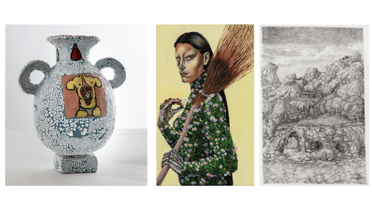 A collage of three artworks: a decorative vase with abstract patterns and a yellow-red central motif, a surreal painting of a woman holding a broom and covered in floral patterns, and an intricate black-and-white landscape drawing of rocky terrain.