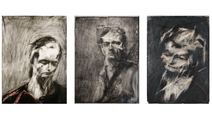 An image of three abstract portrait paintings with dark, moody tones. Each features a distorted human figure in varying shades of black, white, and gray, with hints of red. The backgrounds are textured, adding to the overall intense, expressionist style.
