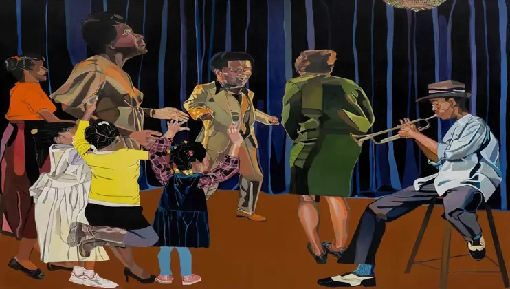 A vibrant painting depicts a group of people enjoying live music. A man seated on a stool plays the trumpet, while others dance and clap. Children join in the celebration. The backdrop features dark blue curtains, creating a festive atmosphere.