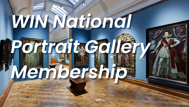 A photograph of an art gallery with blue walls displaying several historical portraits in elaborate frames. The image has overlaid white text that reads, WIN National Portrait Gallery Membership. The gallery has a wooden parquet floor and a curved ceiling with skylights.