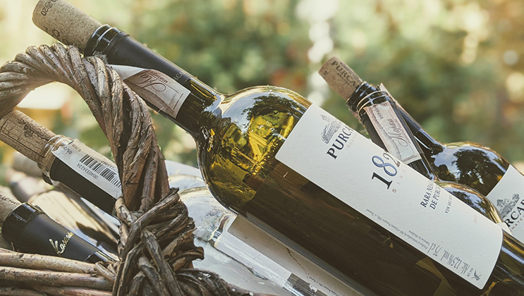A wicker basket filled with bottles of white wine, each sealed with a cork. The bottles are labeled with PURCARI and the number 1827. The background is softly blurred, featuring greenery that adds a natural and tranquil ambiance to the scene.